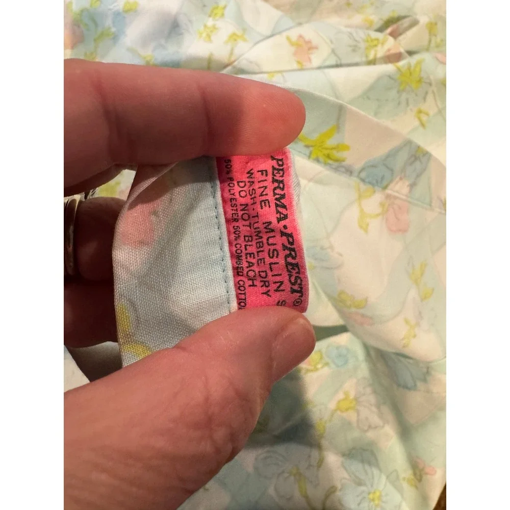 Sears Flat Sheet Full Size Blue Pink Floral Lattice Vintage Lace Trim Good